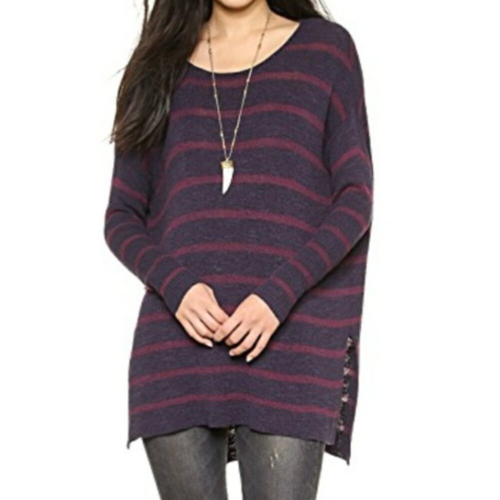 Free People Tunic Sweater XS Oversized Slouchy Long Sleeve Blue Purple Stripe
